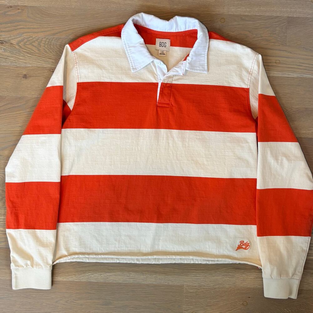 Urban Outfitters BDG Classic Cutoff Rugby Shirt Wide Stripe Orange Mens Large - Picture 8 of 11